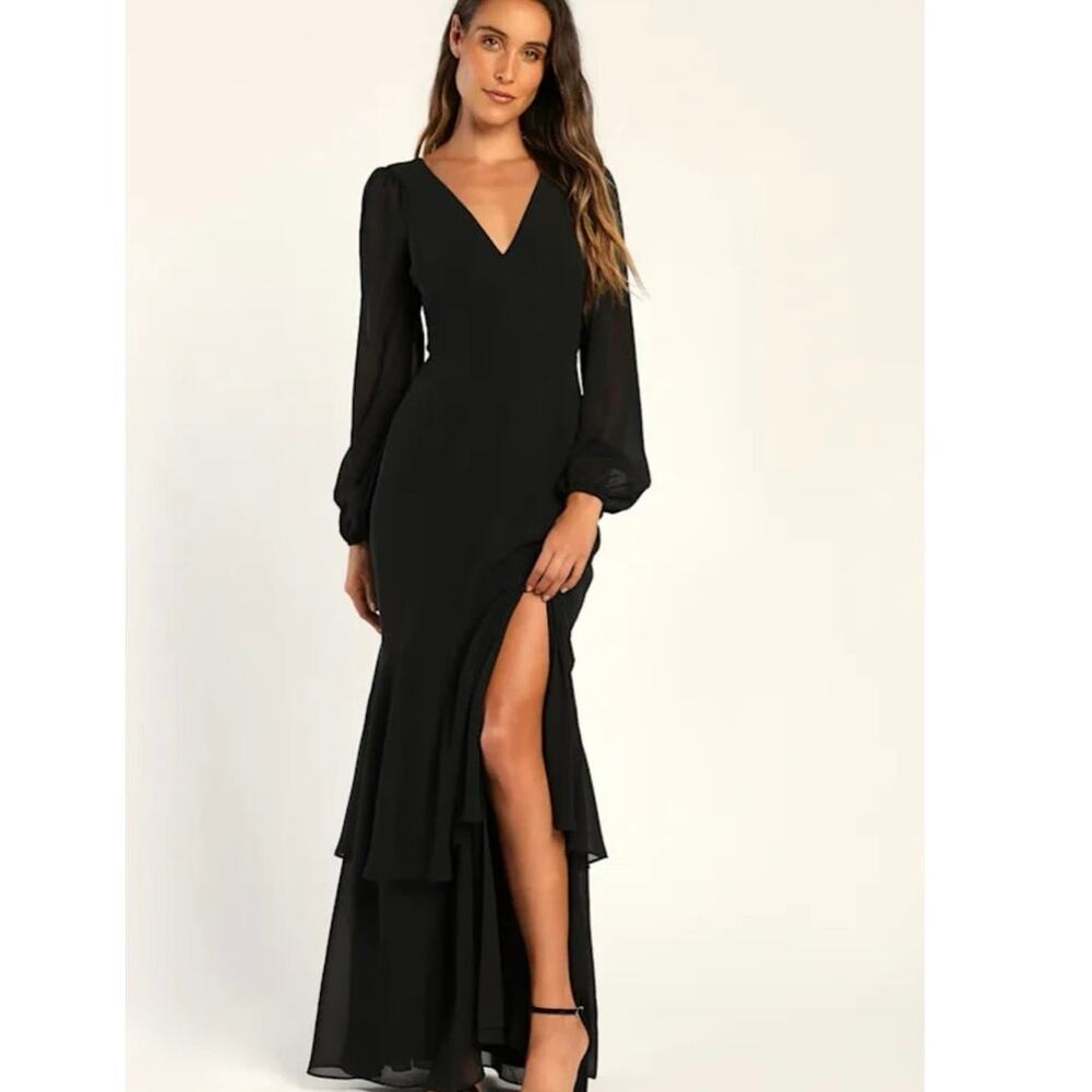 Lulu’s Tier Elegance Black Long Sleeve Tiered Maxi Dress Size Large NWT!
